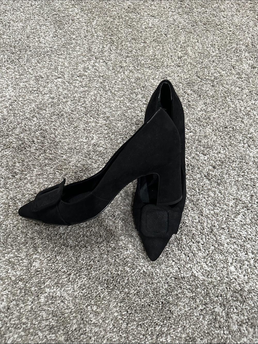 Anne Klein Black Suede Pointed Toe Mid-Heel Pumps with Decorative Buckle
